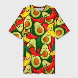 Футболка женская длинная Авокадо, бананы, перцы чили улыбаются - паттерн фр, цвет: 3D-принт