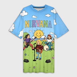 Футболка женская длинная Nirvana мультяшный стиль на поляне, цвет: 3D-принт