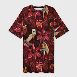 Футболка женская длинная Бордовая готика с сердцем, лилиями и мотыльками, цвет: 3D-принт