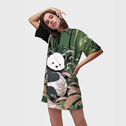 Футболка женская длинная Панда в лесу, цвет: 3D-принт — фото 2