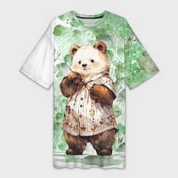 Футболка женская длинная Акварельный мишка, цвет: 3D-принт