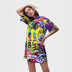 Футболка женская длинная Monster energy бренды стикеры, цвет: 3D-принт — фото 2