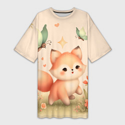 Футболка женская длинная Лиса и мотыльки, цвет: 3D-принт