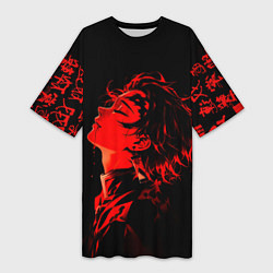 Футболка женская длинная Клинок, рассекающий демонов Танджиро и иероглифы, цвет: 3D-принт