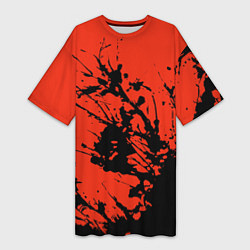 Футболка женская длинная Взрыв чёрной краски на красно-оранжевом, цвет: 3D-принт