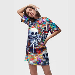 Футболка женская длинная Смеющиеся прикольные скелетики - нейроарт, цвет: 3D-принт — фото 2