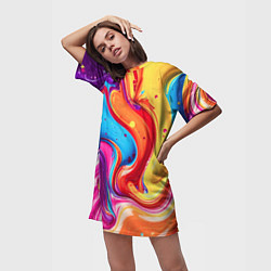Футболка женская длинная Смесь красно-жёлто-голубых масляных красок абстрак, цвет: 3D-принт — фото 2