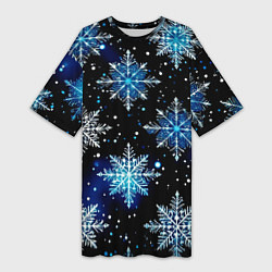 Футболка женская длинная Стилизованный чёрно-синий со снежинками, цвет: 3D-принт