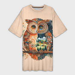 Футболка женская длинная Сова разделенная на день и ночь абстракция, цвет: 3D-принт