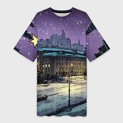 Футболка женская длинная Ночь в новогодней Москве, цвет: 3D-принт