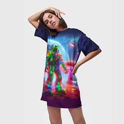 Футболка женская длинная Неоновый космонавт Шрек на планете гигантских мухо, цвет: 3D-принт — фото 2