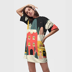 Футболка женская длинная Разноцветные новогодние дома, цвет: 3D-принт — фото 2