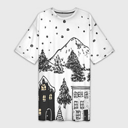 Футболка женская длинная Заснеженный черно-белый город, цвет: 3D-принт