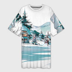 Футболка женская длинная Дома и елки - Новый год, цвет: 3D-принт