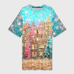 Футболка женская длинная Новогодний город в блестках, цвет: 3D-принт