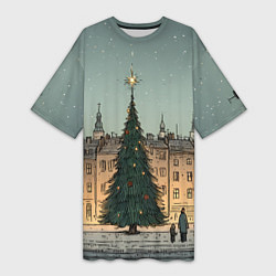 Футболка женская длинная Новогодняя елка во дворе, цвет: 3D-принт