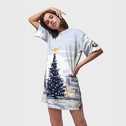 Футболка женская длинная Новый год минимализм, цвет: 3D-принт — фото 2