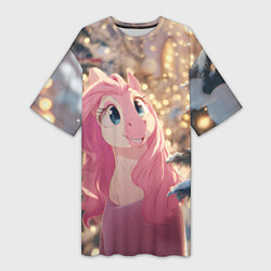 Футболка женская длинная Удивленная лошадка - Новый год, цвет: 3D-принт