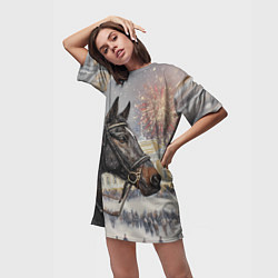 Футболка женская длинная Конь на фоне салюта, цвет: 3D-принт — фото 2