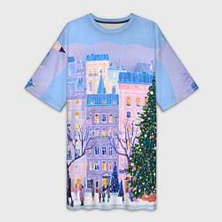 Футболка женская длинная Новогодний двор, цвет: 3D-принт