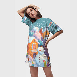 Футболка женская длинная Дети во дворе лепят снеговика, цвет: 3D-принт — фото 2