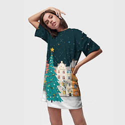 Футболка женская длинная Новогодняя ночь в городе, цвет: 3D-принт — фото 2