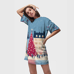 Футболка женская длинная Новогоднее гуляние у красной елки, цвет: 3D-принт — фото 2