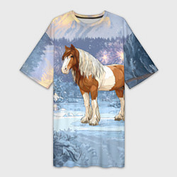 Футболка женская длинная Новогодняя лошадка в лесу, цвет: 3D-принт