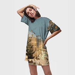 Футболка женская длинная Елка во дворе города, цвет: 3D-принт — фото 2