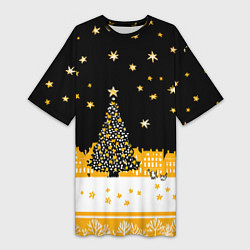 Футболка женская длинная Новый год в черно-желтом стиле, цвет: 3D-принт