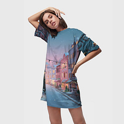 Футболка женская длинная Новогодняя улица, цвет: 3D-принт — фото 2