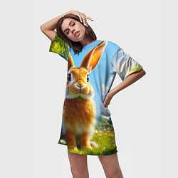 Футболка женская длинная Солнечный кролик на лугу, цвет: 3D-принт — фото 2