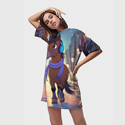 Футболка женская длинная Лошадка в шарфе и наушниках, цвет: 3D-принт — фото 2