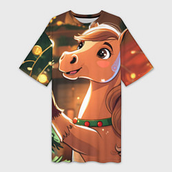 Футболка женская длинная Лошадка наряжает елку, цвет: 3D-принт