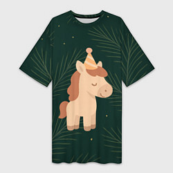 Футболка женская длинная Милая лошадка с колпаком, цвет: 3D-принт