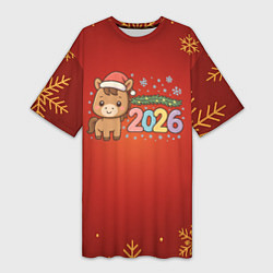 Футболка женская длинная Новогодняя лошадка 2026 на красном фоне, цвет: 3D-принт