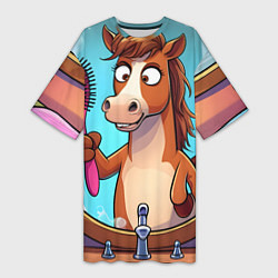 Футболка женская длинная Лошадка с расческой, цвет: 3D-принт