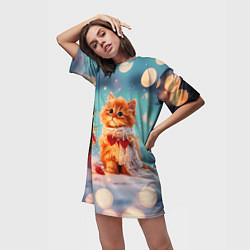 Футболка женская длинная Рыжий маленький новогодний котенок, цвет: 3D-принт — фото 2