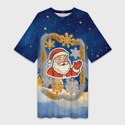 Футболка женская длинная Санта и гирлянда, цвет: 3D-принт