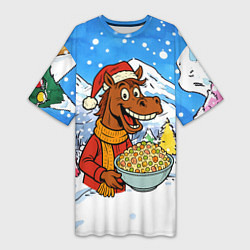 Футболка женская длинная Лошадка с оливье, цвет: 3D-принт