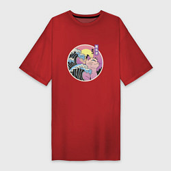 Женская футболка-платье Vaporwave Sunset Кот Самурай