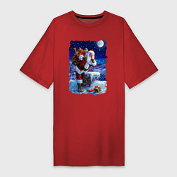 Женская футболка-платье Дед Мороз с подарками на крыше