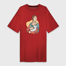 Футболка женская-платье Дама с котом, цвет: красный