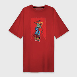 Женская футболка-платье Fire skull Skateboarding man on a red background E