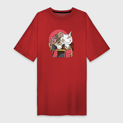 Футболка женская-платье Котик Самурай Samurai Cat Japanese art, цвет: красный