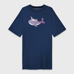 Футболка женская-платье Милый Кит С Цветами, цвет: тёмно-синий