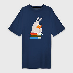Футболка женская-платье Читающий кролик на книгах, цвет: тёмно-синий