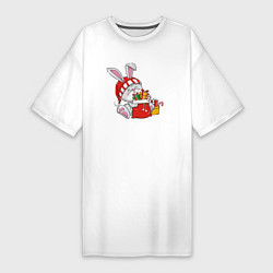 Женская футболка-платье Зайчик с новогодними подарками