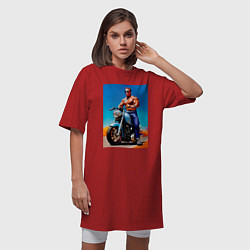 Футболка женская-платье Arnold Schwarzenegger on a motorcycle -neural netw, цвет: красный — фото 2