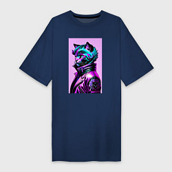 Футболка женская-платье Прикольный фиолетовый котейка - нейросеть, цвет: тёмно-синий